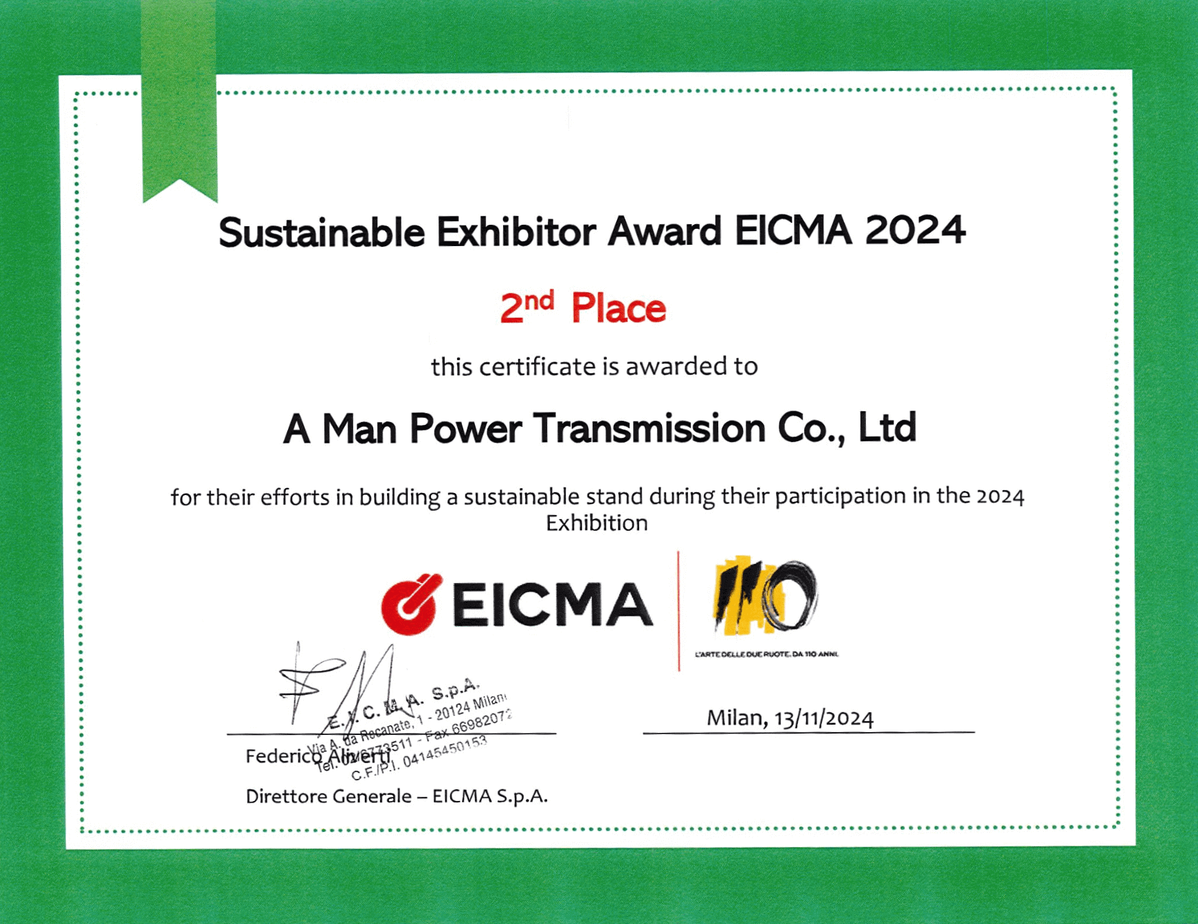 AM Chain awarded 2024 EICMA Sustainable Exhibitor Award